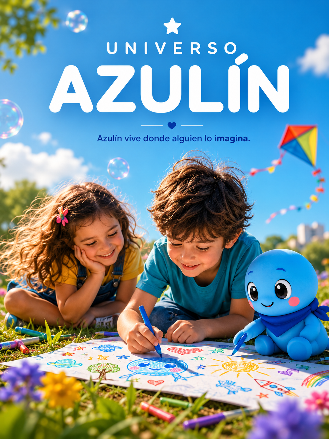 Dos niños imaginando y dibujando junto a Azulín en un parque