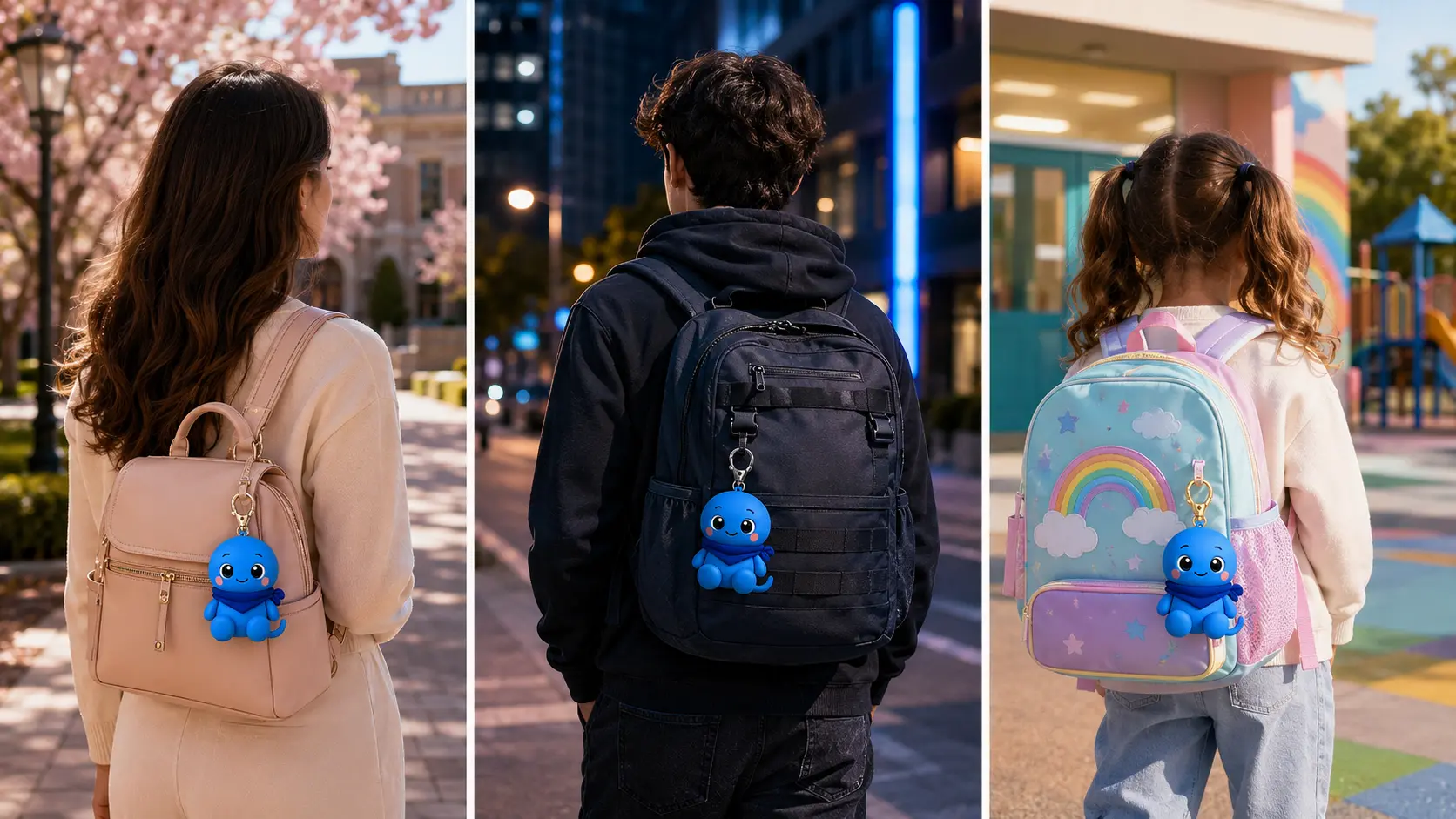 Azulín Mini acompañando los estilos Glam Premium, Teen Urban y Kids en sus mochilas