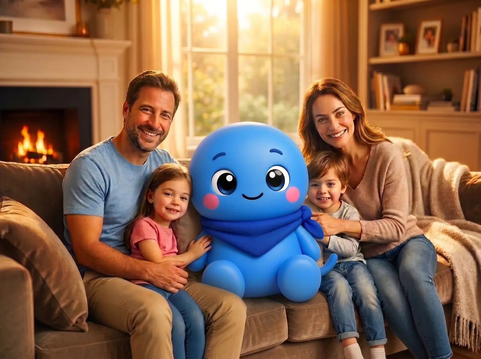 Familia reunida en casa junto a Azulín Family