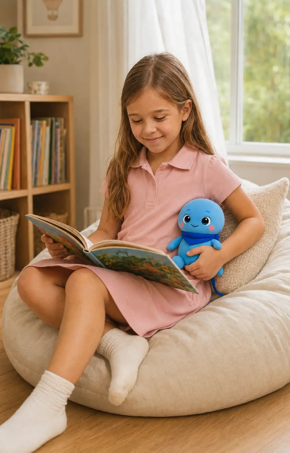 Niña leyendo acompañada por Azulín Partner